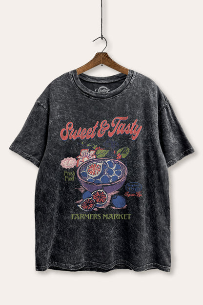 Sweet & Tasty Blueberry Fruit Graphic Mineral Wash Boxy Tee