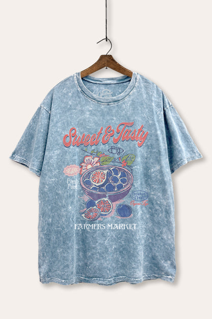 Sweet & Tasty Blueberry Fruit Graphic Mineral Wash Boxy Tee