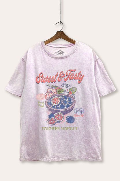 Sweet & Tasty Blueberry Fruit Graphic Mineral Wash Boxy Tee