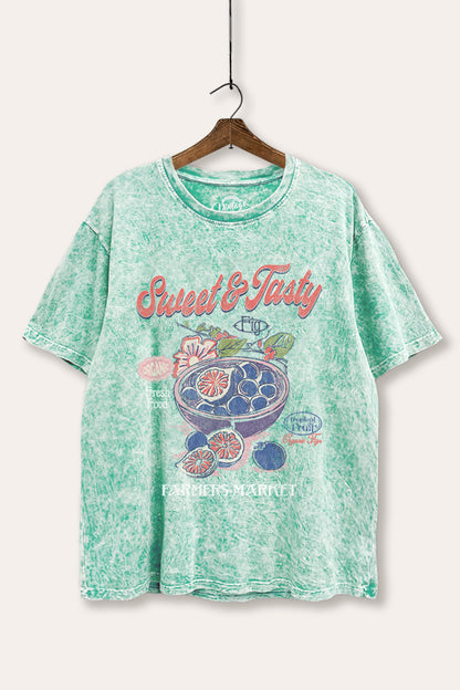 Sweet & Tasty Blueberry Fruit Graphic Mineral Wash Boxy Tee
