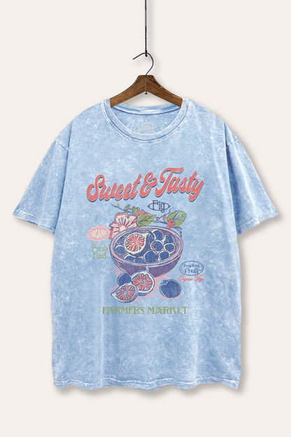 Sweet & Tasty Blueberry Fruit Graphic Mineral Wash Boxy Tee