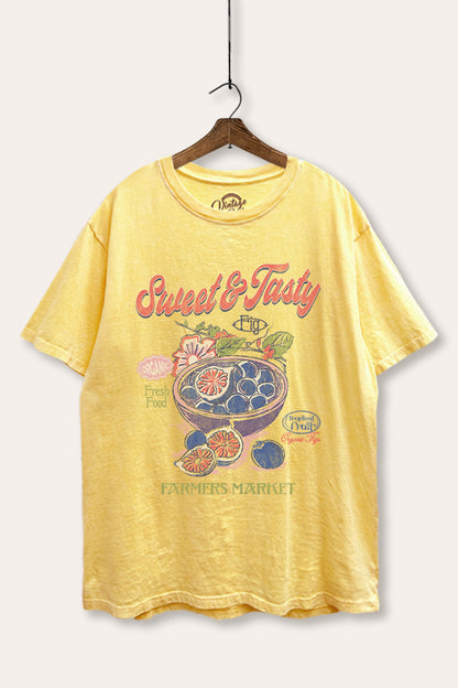 Sweet & Tasty Blueberry Fruit Graphic Mineral Wash Boxy Tee