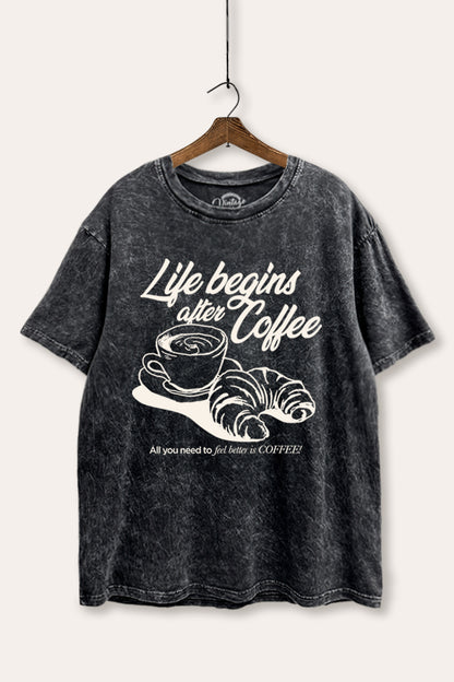 Life Begins After Coffee Croissant Graphic Mineral Wash Boxy Tee