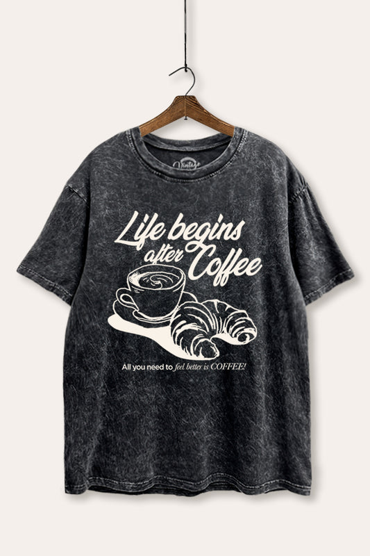 Life Begins After Coffee Croissant Graphic Mineral Wash Boxy Tee