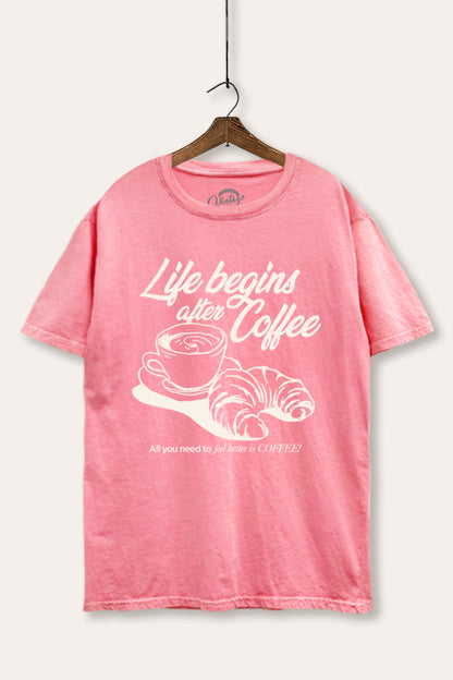 Life Begins After Coffee Croissant Graphic Mineral Wash Boxy Tee