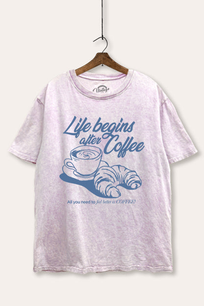 Life Begins After Coffee Croissant Graphic Mineral Wash Boxy Tee