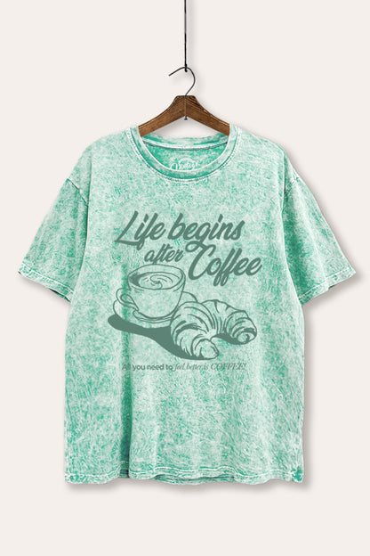 Life Begins After Coffee Croissant Graphic Mineral Wash Boxy Tee