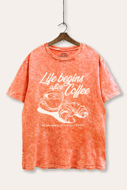 Life Begins After Coffee Croissant Graphic Mineral Wash Boxy Tee