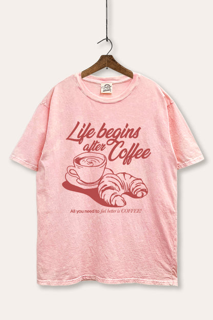 Life Begins After Coffee Croissant Graphic Mineral Wash Boxy Tee