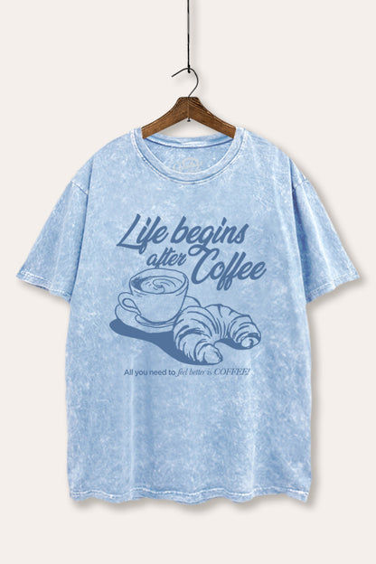 Life Begins After Coffee Croissant Graphic Mineral Wash Boxy Tee