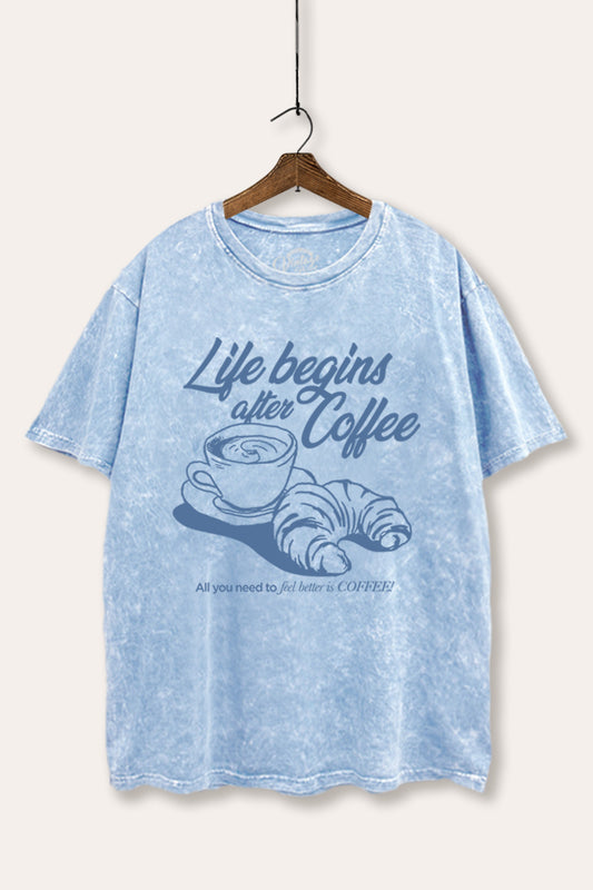 Life Begins After Coffee Croissant Graphic Mineral Wash Boxy Tee