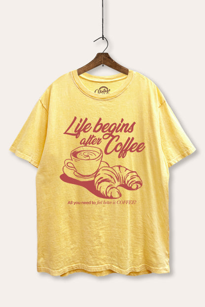 Life Begins After Coffee Croissant Graphic Mineral Wash Boxy Tee