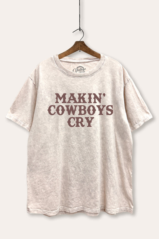 "makin' cowboys cry" graphic mineral wash boxy tee