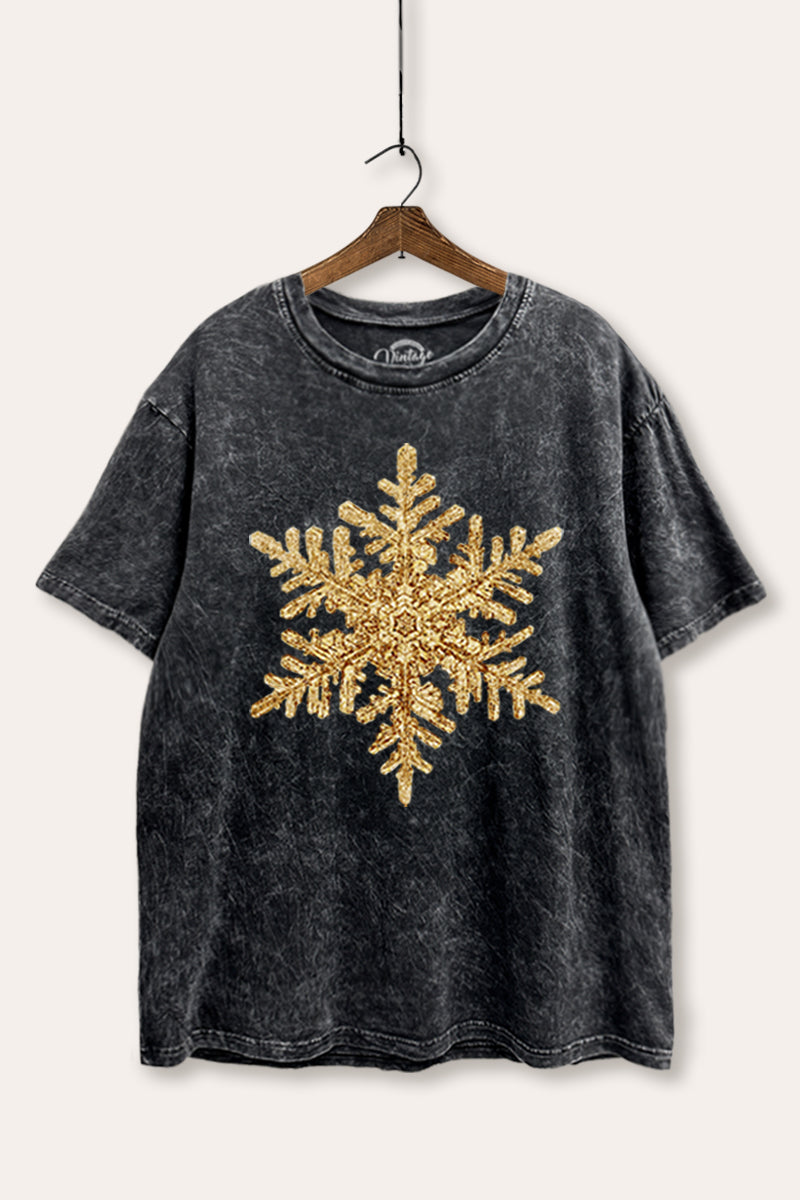 Gold Snowflake Holiday Graphic Mineral Wash Boxy Tee