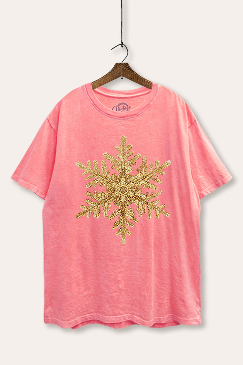 Gold Snowflake Holiday Graphic Mineral Wash Boxy Tee