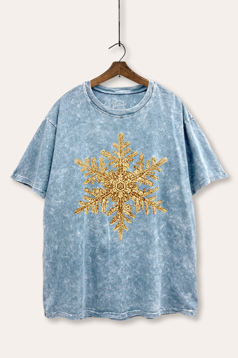 Gold Snowflake Holiday Graphic Mineral Wash Boxy Tee