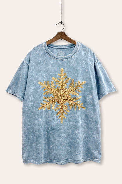 Gold Snowflake Holiday Graphic Mineral Wash Boxy Tee