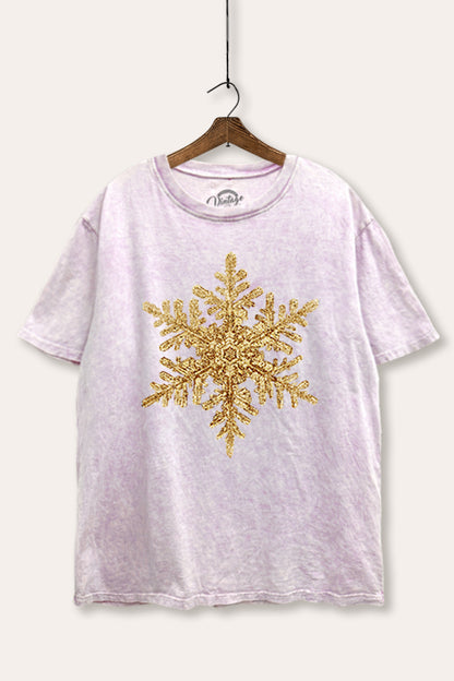 Gold Snowflake Holiday Graphic Mineral Wash Boxy Tee