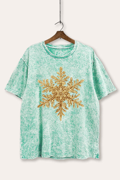 Gold Snowflake Holiday Graphic Mineral Wash Boxy Tee