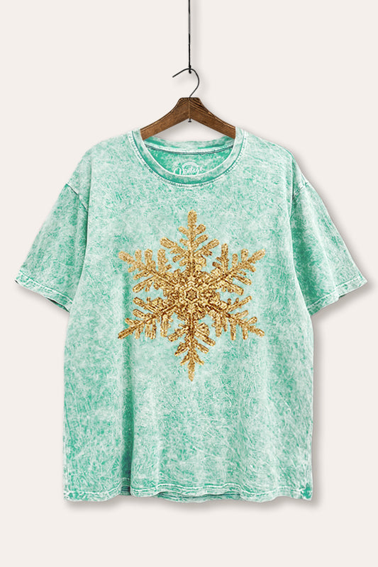 Gold Snowflake Holiday Graphic Mineral Wash Boxy Tee