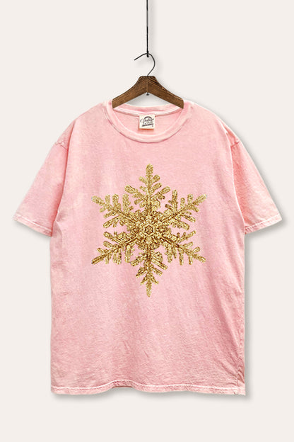 Gold Snowflake Holiday Graphic Mineral Wash Boxy Tee
