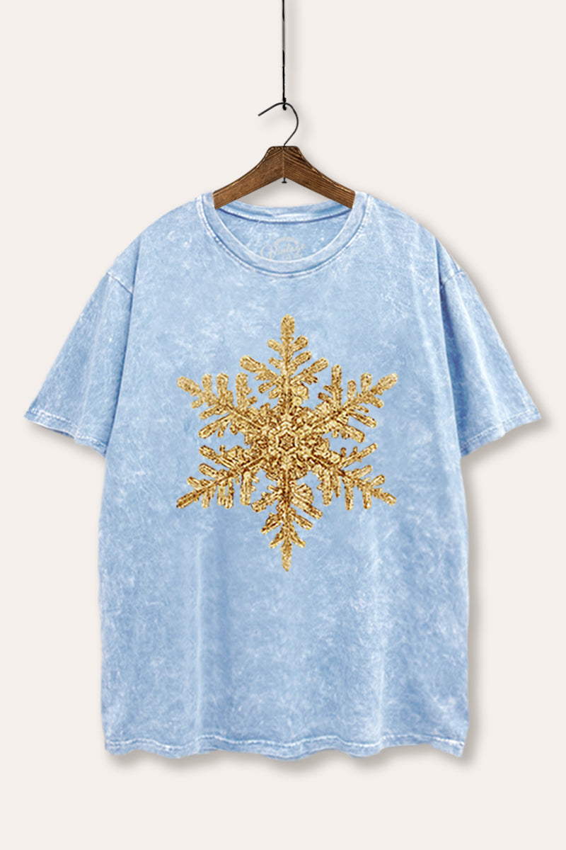 Gold Snowflake Holiday Graphic Mineral Wash Boxy Tee