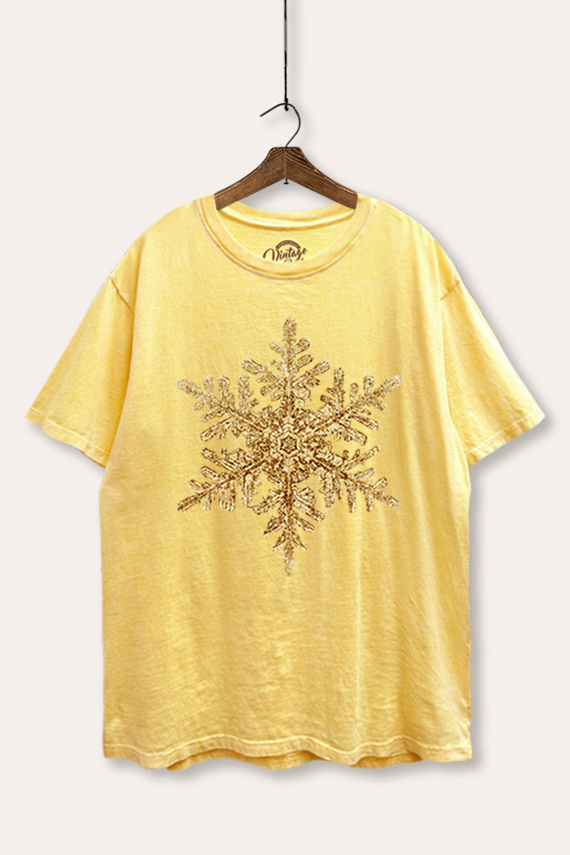 Gold Snowflake Holiday Graphic Mineral Wash Boxy Tee