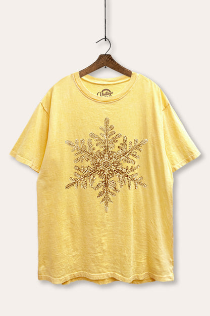 Gold Snowflake Holiday Graphic Mineral Wash Boxy Tee