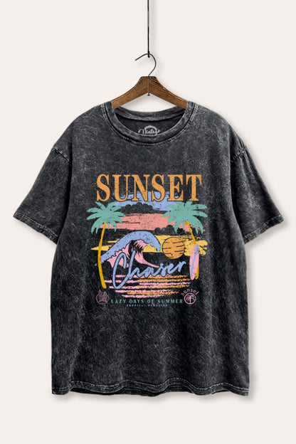 Sunset Chaser Coastal Graphic Mineral Wash Boxy Tee