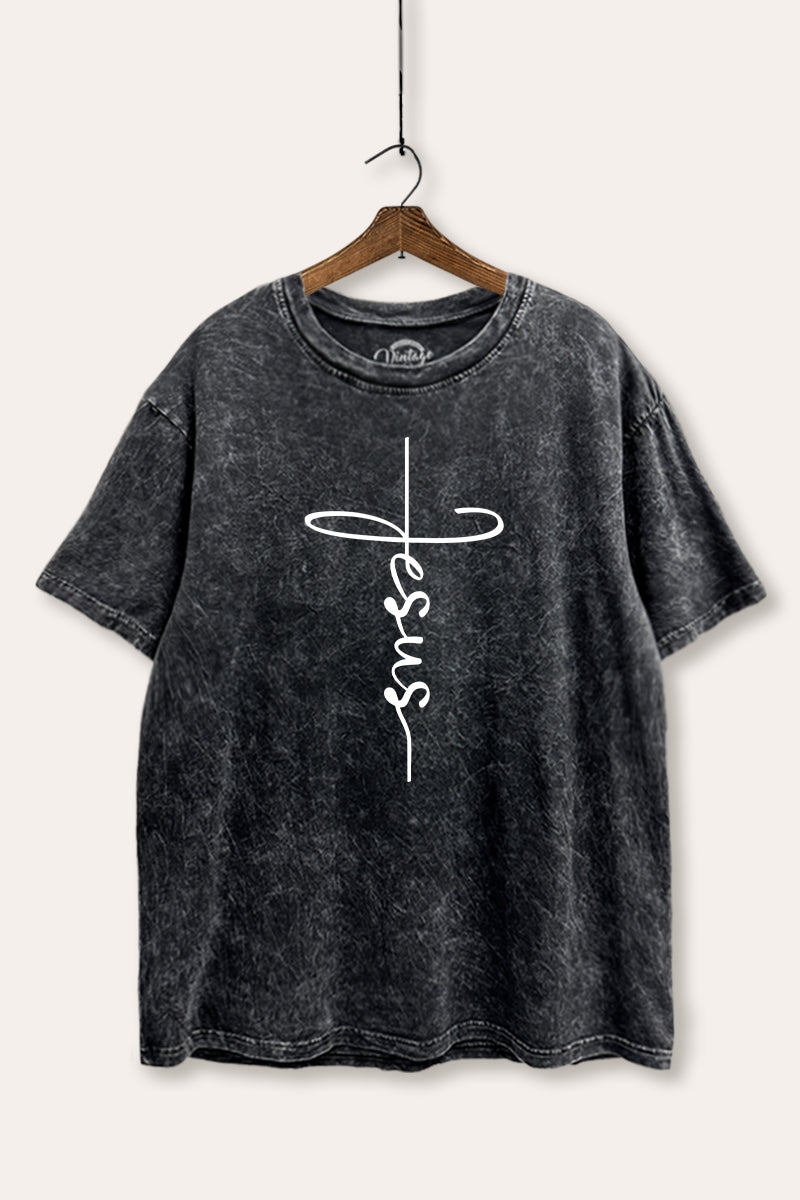 Jesus Cross Typography Mineral Wash Boxy Tee