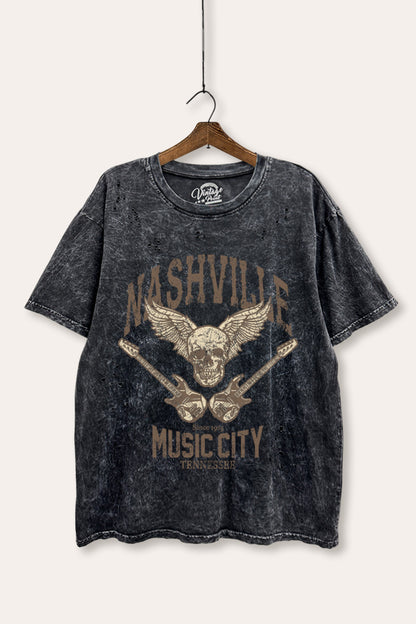 Nashville Music City Skull Graphic Mineral Wash Distress Tee