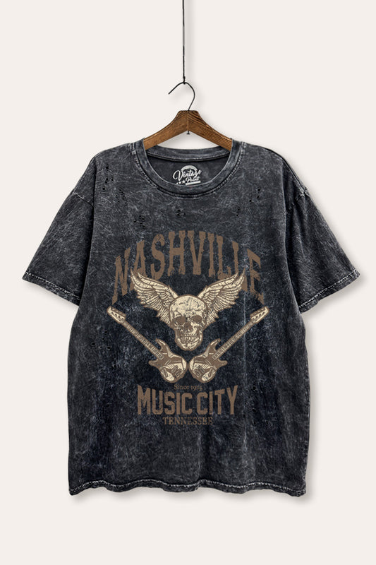 nashville music city graphic mineral wash laser distress tee