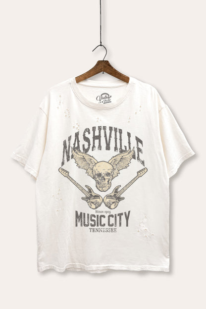 Nashville Music City Skull Graphic Mineral Wash Distress Tee