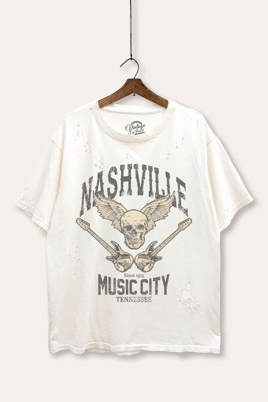 nashville music city graphic mineral wash laser distress tee