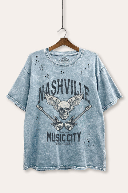 Nashville Music City Skull Graphic Mineral Wash Distress Tee