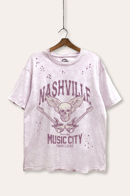 Nashville Music City Skull Graphic Mineral Wash Distress Tee