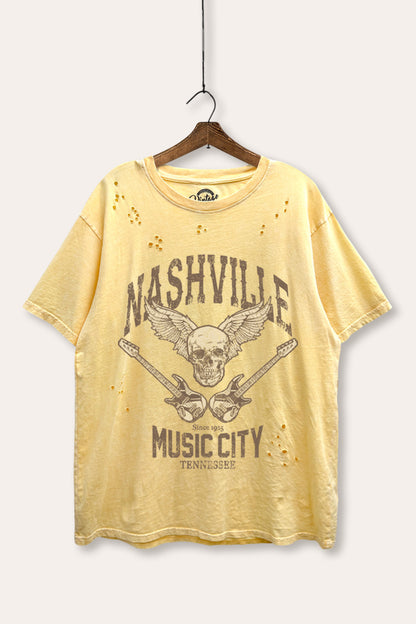 Nashville Music City Skull Graphic Mineral Wash Distress Tee