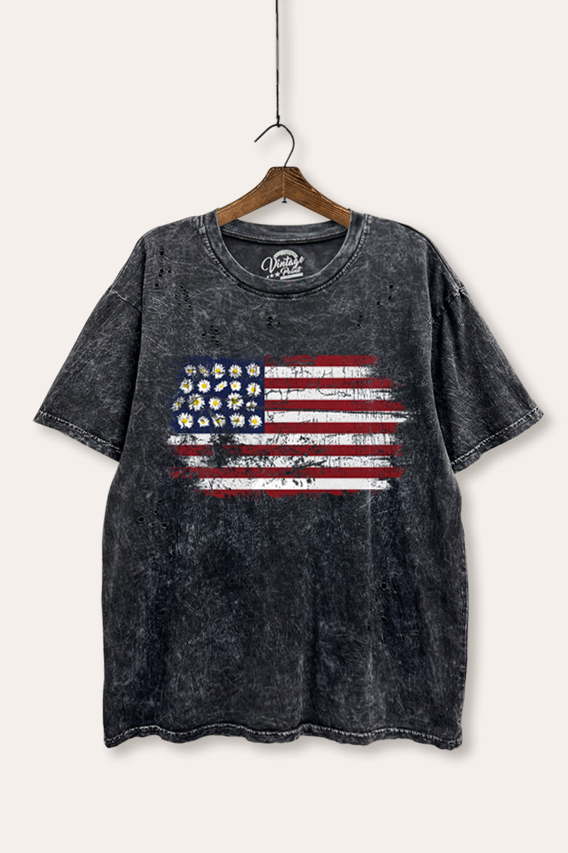 usa "flowers & stripes" flag mineral wash laser distress graphic tee