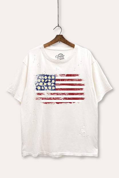 Distress Floral USA Flag Graphic Mineral Wash Distress Tee