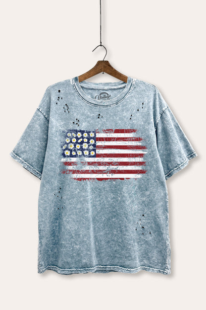 Distress Floral USA Flag Graphic Mineral Wash Distress Tee