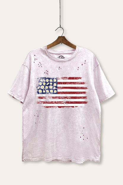 Distress Floral USA Flag Graphic Mineral Wash Distress Tee