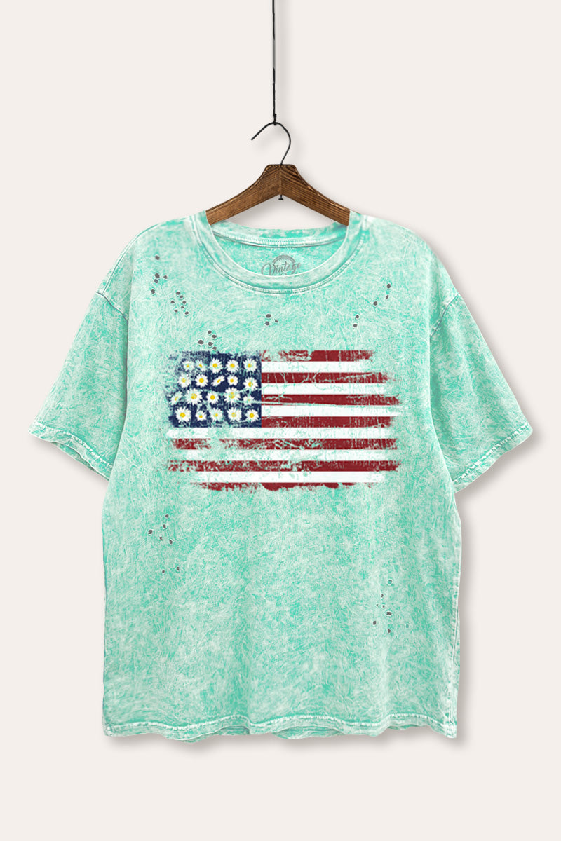 usa "flowers & stripes" flag mineral wash laser distress graphic tee