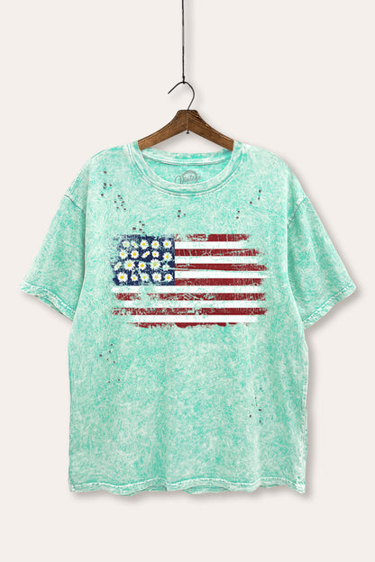 Distress Floral USA Flag Graphic Mineral Wash Distress Tee