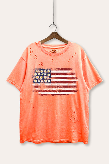 Distress Floral USA Flag Graphic Mineral Wash Distress Tee