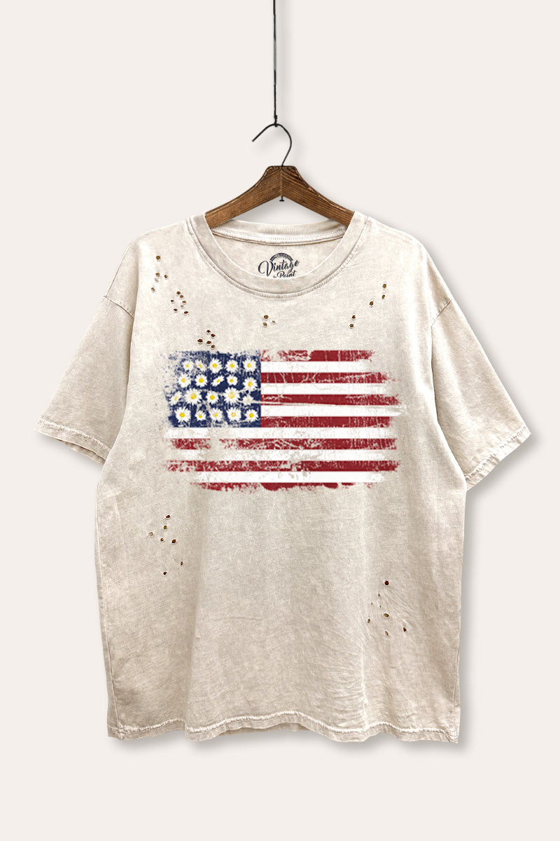 usa "flowers & stripes" flag mineral wash laser distress graphic tee