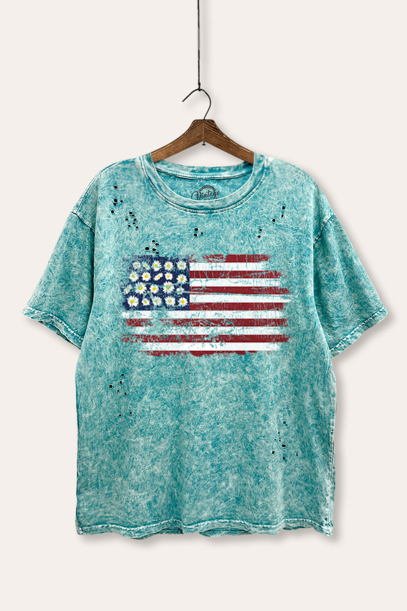 usa "flowers & stripes" flag mineral wash laser distress graphic tee