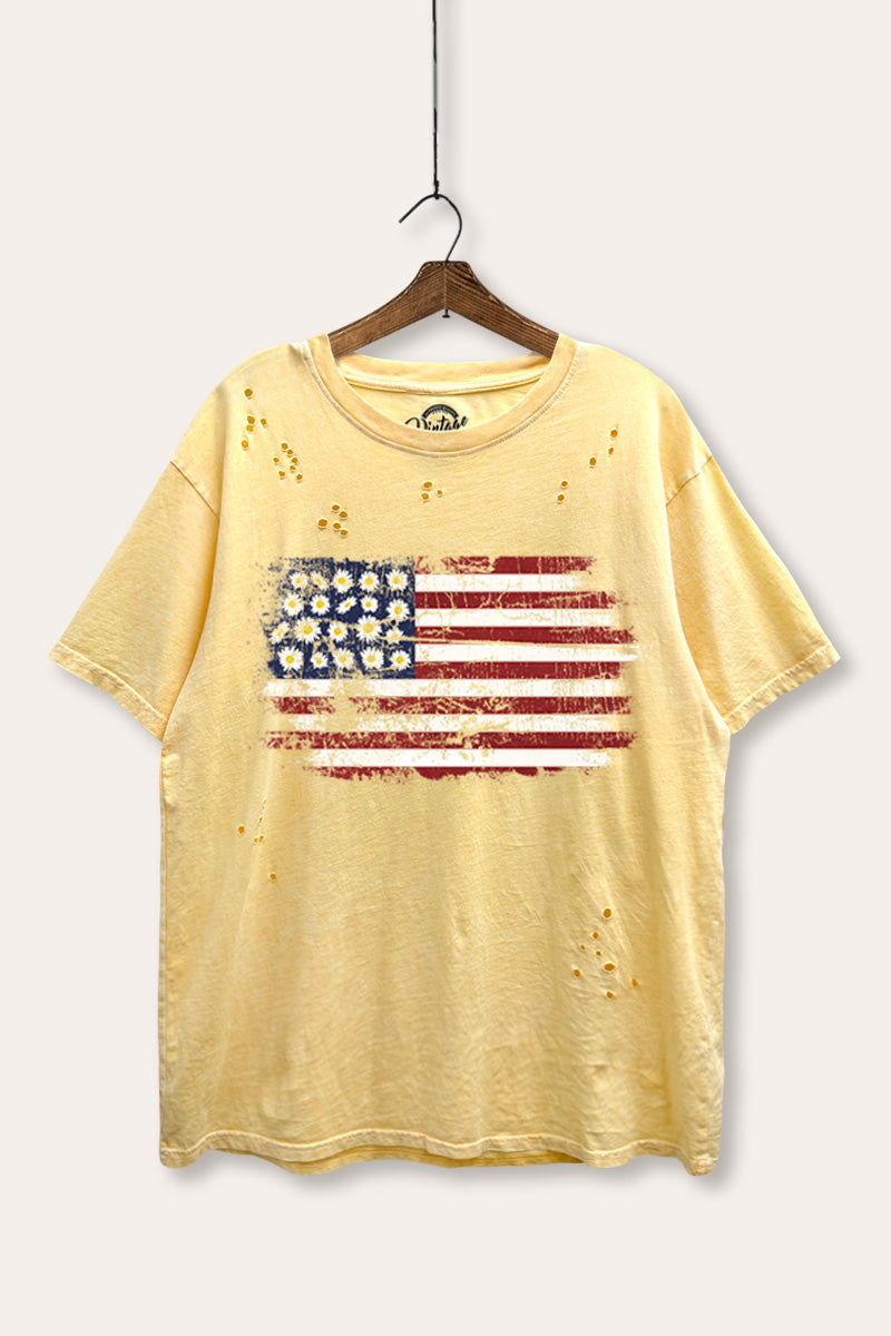 usa "flowers & stripes" flag mineral wash laser distress graphic tee