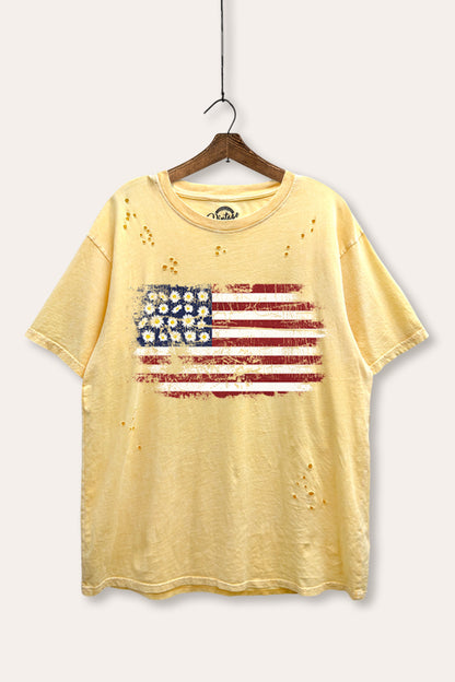 Distress Floral USA Flag Graphic Mineral Wash Distress Tee