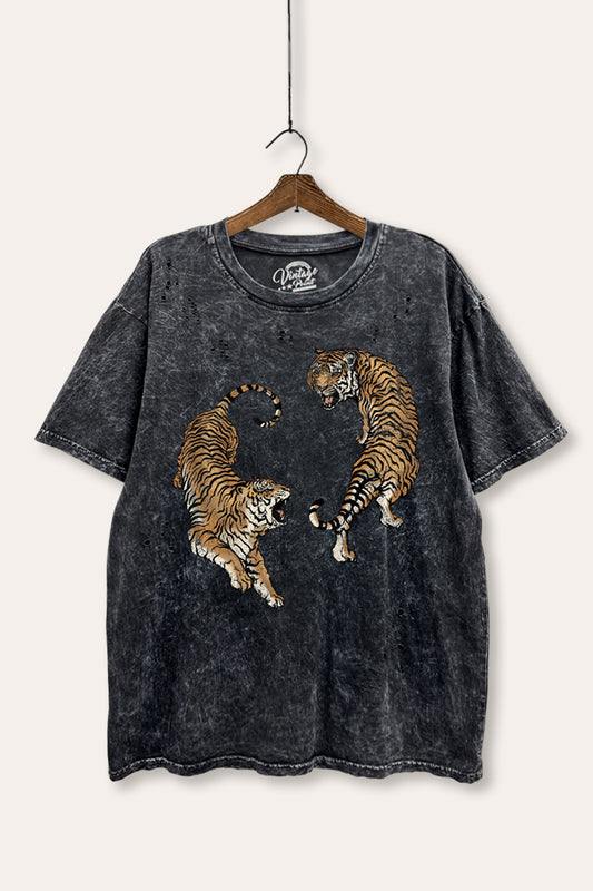 roaring tigers mineral wash laser distress graphic tee