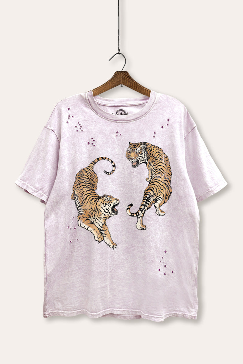 roaring tigers mineral wash distressed boxy graphic t-shirt